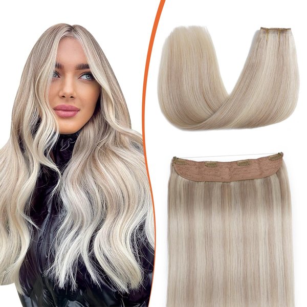 XDhair Wire Hair Extensions Real Human Hair Dirty Blonde Highlighted Bleach Blonde #18P613 16in 70g Wire Hair Extensions Invisible Fish Line Real Human Hair Extensions One Single Piece(#18/613-16in)
