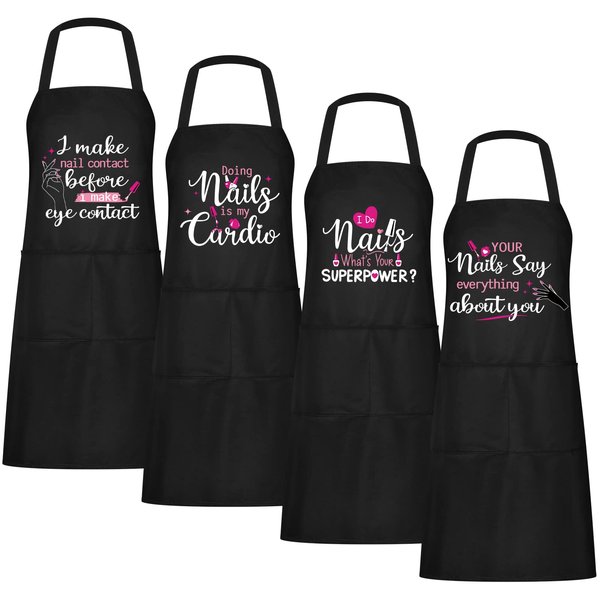 Mepase 4 Pieces Nail Tech Aprons with Pockets Funny Quotes Apron for Nail Technician Manicurists Nail Art Supplies for Nail Salons Cosmetology Smock