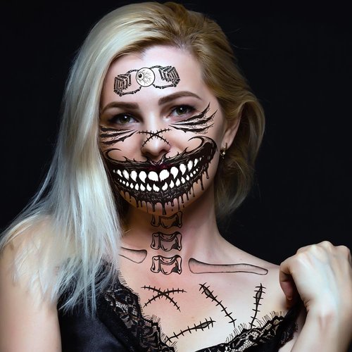 mdgfge 4 Sheet Halloween Face Skull Scary Temporary Tattoo Witch Zombie Makeup Kit Day of the Dead Makeup Face Tattoos Spider Web Bat Scar for Women Men Halloween Masquerade Party