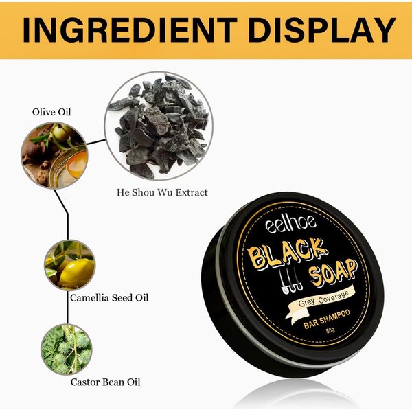 eelhoe Black Soap Bar Shampoo for Hair | Grey Coverage Nutrients | Hair Repair | Natural Ingredients | 50g