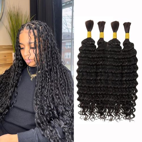 Deep Wave Bulk hair for Braiding Wet and Wavy Micro Braiding No Weft Faux Deep Wave Braiding Hair Extensions for Box Boho Braids 300g with 4Bundles #1B (20Inch)