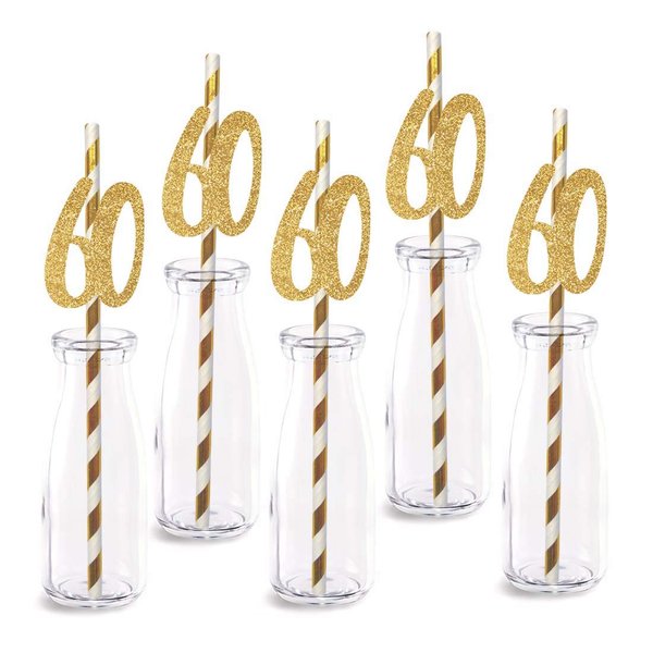 60th Birthday Paper Straw Decor, 24-Pack Real Gold Glitter Cut-Out Numbers Happy 60 Years Party Decorative Straws