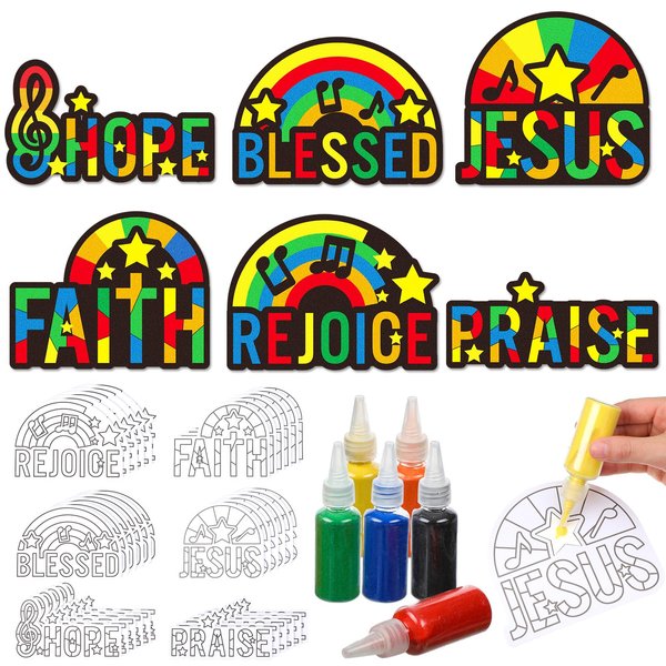 Tellegloww 24 Sets Religious Sand Art Craft Kit for Kids Inspirational Words Painting Kit with Colored Sand Make Your Own Sand Art DIY Sand Art Project Kit for Sunday School VBS Home Fun Activities