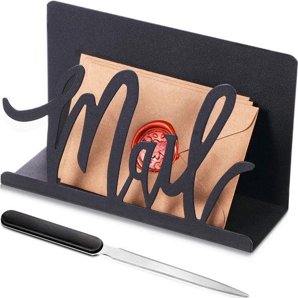 Mail Holder Black Metal Letter Sorter Tabletop Mail Cutout Organizer Mail Letter Document Stand with Letter Opener for Desktop Home Office School (Artistic Font)