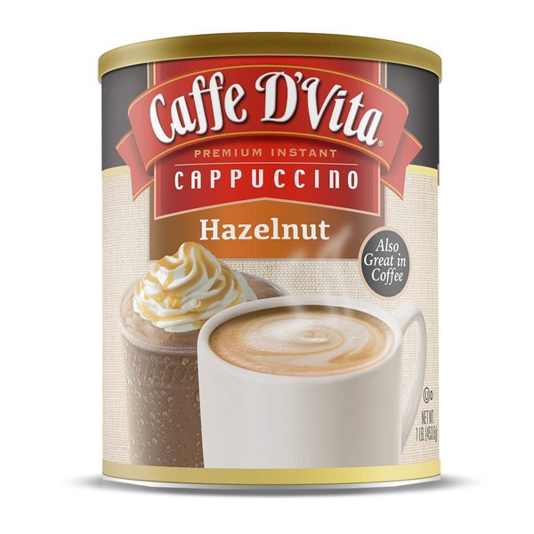 Caffe D’Vita Hazelnut Instant Cappuccino Mix - Hazelnut Instant Coffee, Gluten Free, No Cholesterol, No Hydrogenated Oils, No Trans Fat, 99% Caffeine Free, Hazelnut Coffee - 1 lb. can (16 oz.)