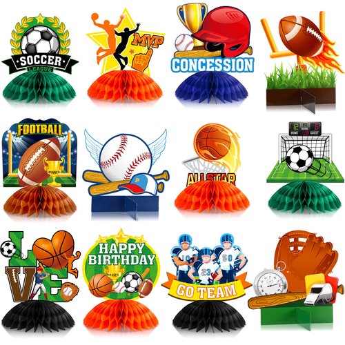 12 Pieces Sports Themed Birthday Party Supplies Sports Centerpieces for Kids 3D Football Soccer Baseball Basketball Softball Honeycomb Centerpieces Ball Party Decoration for Boys Kids