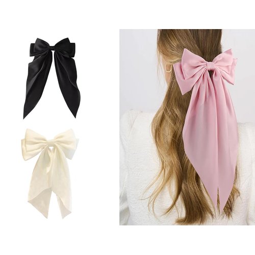 3pcs Big Satin Bow Barrette Hair Clips Hair Accessories for Female do bowknot French barrette with long tail (pink,white,black) for Thick or Thin hair girl women (black,white,pink)