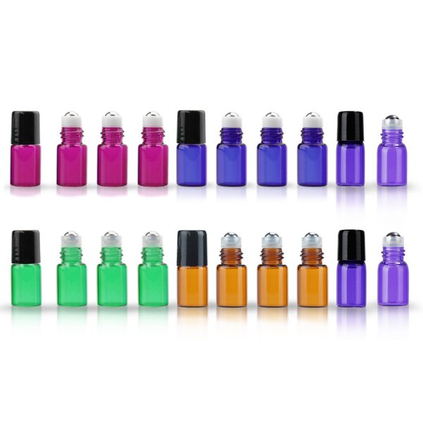20 Pack Set 2ML(5/8 Dram) Micro Mini Glass Roll-on Glass Bottles with Metal Roller Balls - Refillable Slim Sample Vial Aromatherapy Essential Oil Roll On(2ML MIX)