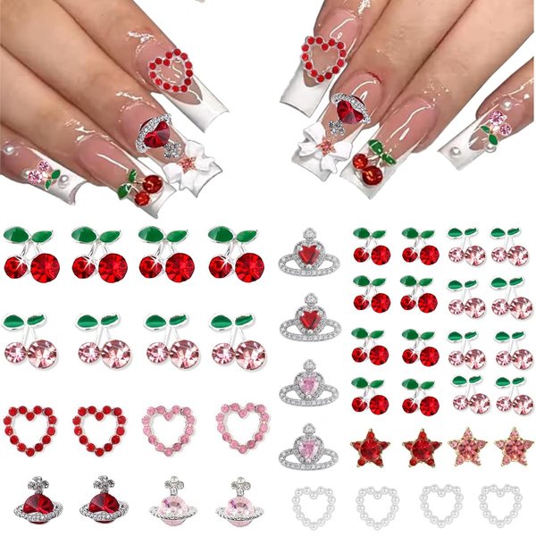 COOSLIM 45 Pcs Cherry Nail Charms Rhinestone Red Pink Cherries Nail Art Gems Star Heart Planet Pearl Nail Jewelry Decorations Saturn Shape Acrylic Nail Accessories for Women Girl DIY Crafts Supplies B