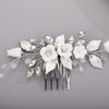 Chargances Wedding White Flower Rhinestone Hair Comb Bridal Silver Leaf Hair Side Comb Fashion Crystal Handmade Headpiece Hair Accessories for Women and Girls (Silver)