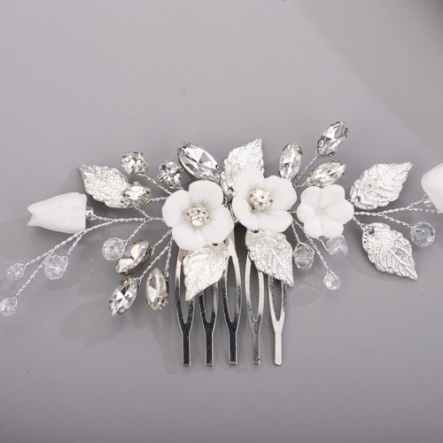 Chargances Wedding White Flower Rhinestone Hair Comb Bridal Silver Leaf Hair Side Comb Fashion Crystal Handmade Headpiece Hair Accessories for Women and Girls (Silver)