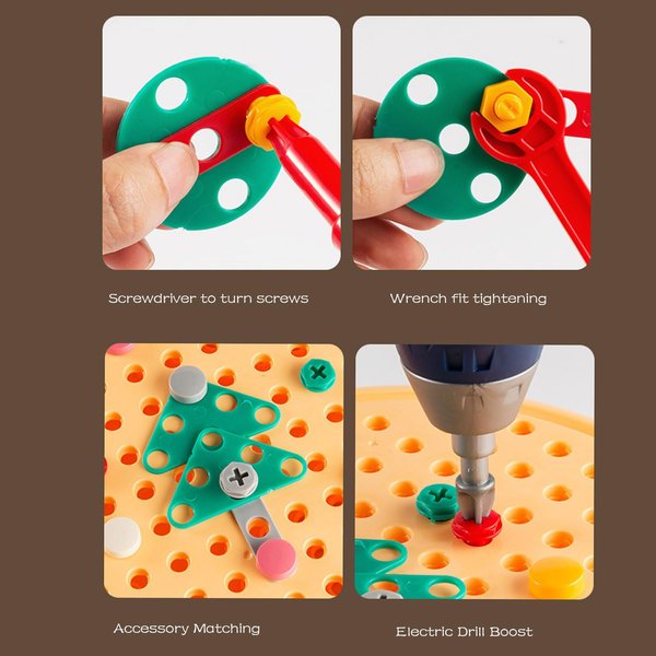 OFIGAS Magic Montessori Play Toolbox, Magic Montessori Play Toolbox Bear, 204 PCS Creative Mosaic Puzzle Toy with Electric Drill Screw Tool Set, Creative Puzzle Toy Montessori Play Toolbox with Drill