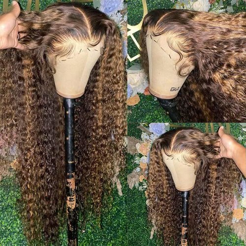 miear Highlight HD Transparent 13x6 Lace Front Wigs Human Hair Deep Wave 180% Density Honey Blonde 4/27 Lace Front Wig for Black Women Glueless Frontal Curly Wig Pre Plucked with Baby Hair 22 Inch