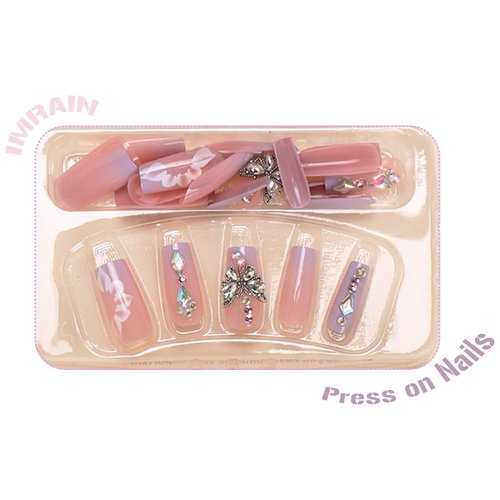 IMRAIN Press on Nails Long Square Fake Nails Purple Gradient Glossy False Nails Full Cover Glue on Nails with Butterfly Rhinestone Designs Artificial Gel Acrylic Squoval Nails Kit Stick on Nails