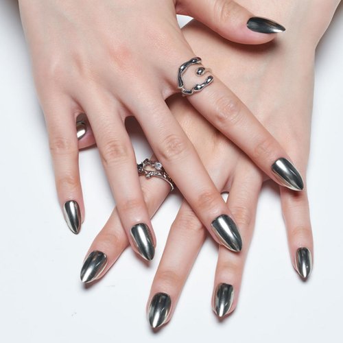 GLAMERMAID Press on Nails Short Almond,Handmade Silver False Nails with Chrome Design,Gel Glue on Nails Reusable Full Cover Manicure Set for Women