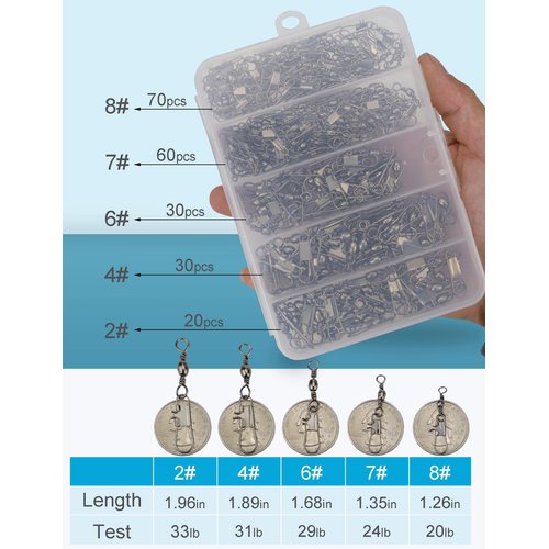 Beoccudo 210pcs Barrel Swivels with Snaps, Fishing Swivels Saltwater Freshwater Snap Connector