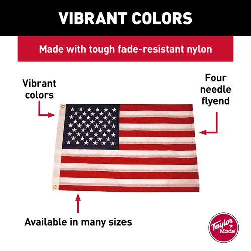 TAYLOR MADE PRODUCTS Sewn American Flag for Boats, 20" x 30", Marine-Grade Nylon, Fade Resistant, Brass Grommets, Embroidered Stars and Stripes, Flag only - 2020109196