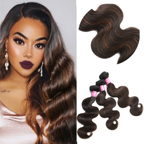 Lovenea Highlight Brown Body Wave Virgin Hair 3 Bundles 20 22 24 inch 10A Brazilian Human Hair Extensions Ombre Color Body Wavy Human Hair Weave Bundles(FB30, 20 22 24)