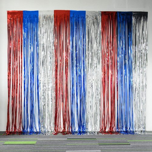 4th of July Decorations Red White Blue Metallic Tinsel Curtains for American Theme Party Patriotic Independence Day Photo Backdrops Props Decorations