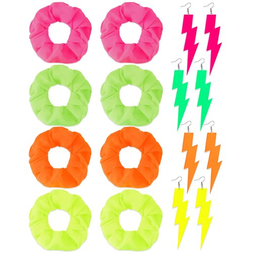 Yunlly 8 Pack Neon Scrunchies for Hair 80s 4 Pairs Neon Earrings for Women Neon Hair Accessories Elastic Hair Bands Hair Tie Jewelry Neon Earring Dangle for Women Girl Party Outfit (Lightning Style)
