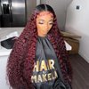 Aikebi Omber Burgundy Curly Human Hair Wig Lace Frontal Closure Deep Human Hair Wig Pre Plucked Pre Cut Lace Frontal Closure Glueless Wigs Elastic Band 200% Density