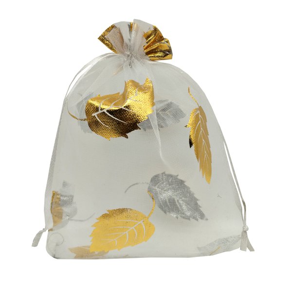 Ankirol 100pcs Sheer Organza Favor Bags 5x7 inch Wedding Baby Shower Drawstring Pouches (white gold leaf)