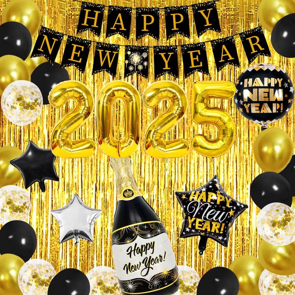 New Years Eve Party Supplies 2025, Happy New Year Decorations 2025 Kit Include Happy New Year Banner, 2025 Balloons, Fringe Curtain, Latex Balloons and Foil Balloons for New Years Eve Decorations