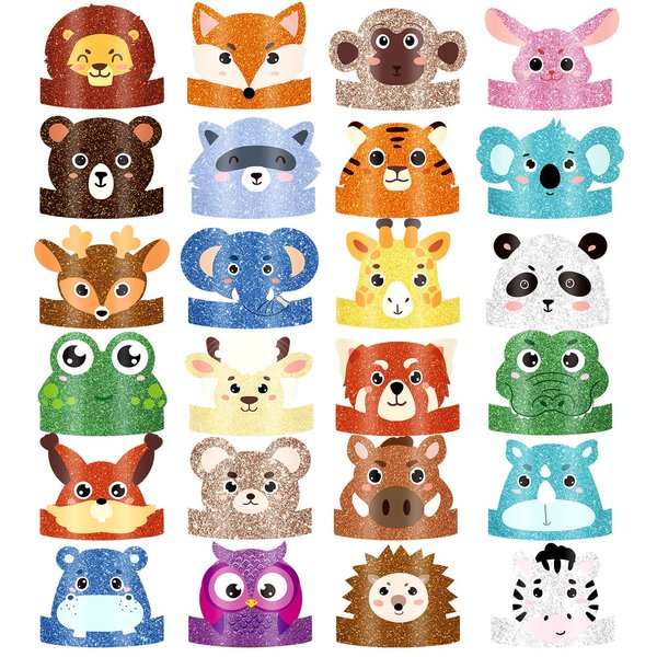 24 Pcs Animal Birthday Party Hats Animal Headbands Jungle Safari Animal Paper Party Crown for Girls Kids (Assorted Animals)