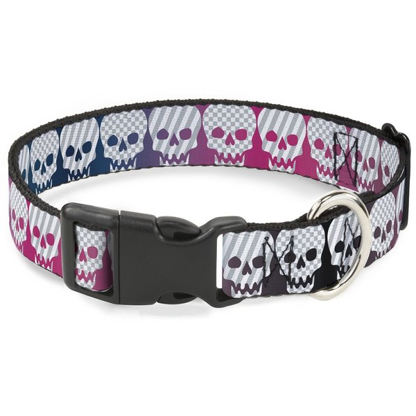 Buckle-Down Plastic Clip Collar - Checker & Stripe Skulls Gradient Blue/Fuchsia - 1" Wide - Fits 11-17" Neck - Medium