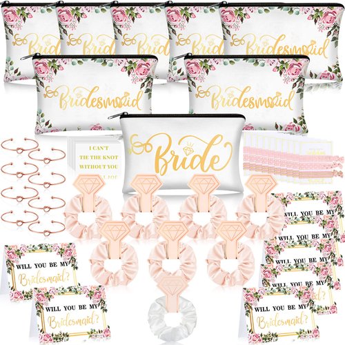 63 Pcs Bridesmaid Proposal Gifts Bulk Maid of Honor Gifts Matron of Honor Gifts Brides Bridesmaid Cosmetic Makeup Bag Hair Knotted Bracelets Invitation Cards for Wedding Bachelorette (Rose and Leaves)