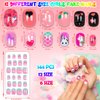 144 Pieces Fake Nails for Kids Girls Artificial Kids Press on Nails Full Cover Short Acrylic Stick On Nails False Nail Tips Kit for Children Little Girls Nail Art Decoration (Cute Pattern)