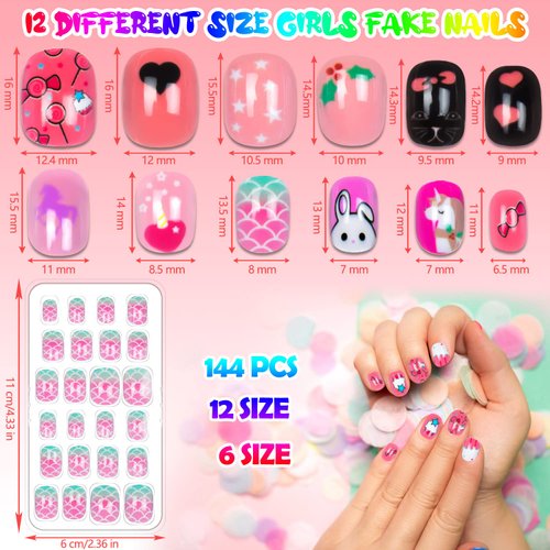 144 Pieces Fake Nails for Kids Girls Artificial Kids Press on Nails Full Cover Short Acrylic Stick On Nails False Nail Tips Kit for Children Little Girls Nail Art Decoration (Cute Pattern)