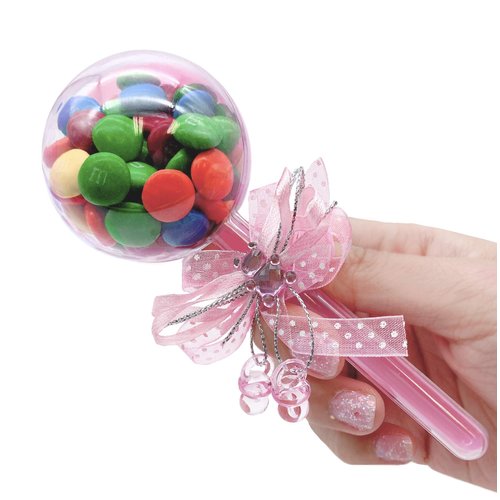 48 Pieces Fillable Baby Rattle Party Favors, Pink with Decorative Bear & Ribbon