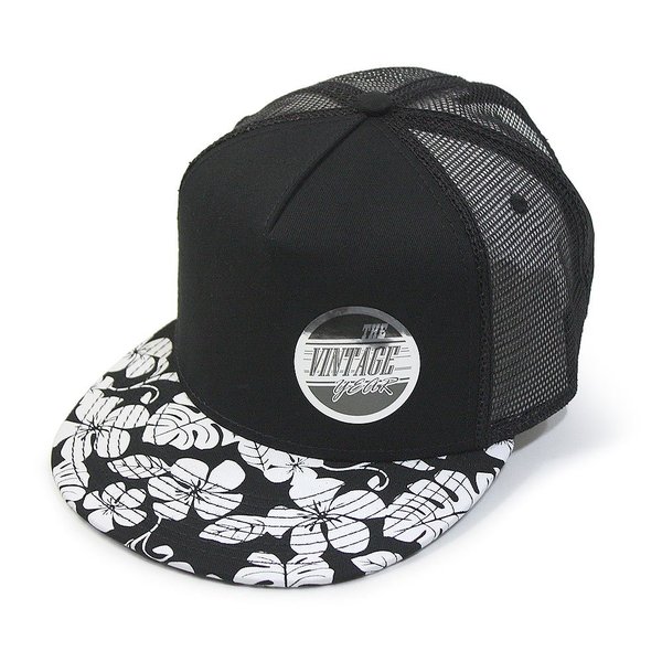 Premium Floral Hawaiian Cotton Twill Flat Brim Mesh Snapback Trucker Baseball Caps (Flower/Black/Black Mesh)