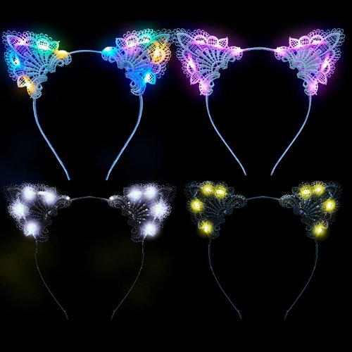Juexica 4 Pcs Lace Light up Cat Ears Headband LED Lace Cat Ears Headband Hair Accessories for Women Girls Christmas Fancy Dress Cosplay Party Favors