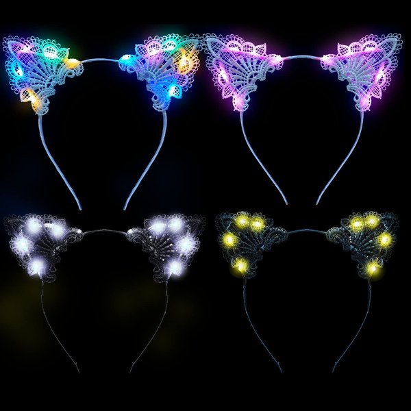 Juexica 4 Pcs Lace Light up Cat Ears Headband LED Lace Cat Ears Headband Hair Accessories for Women Girls Christmas Fancy Dress Cosplay Party Favors