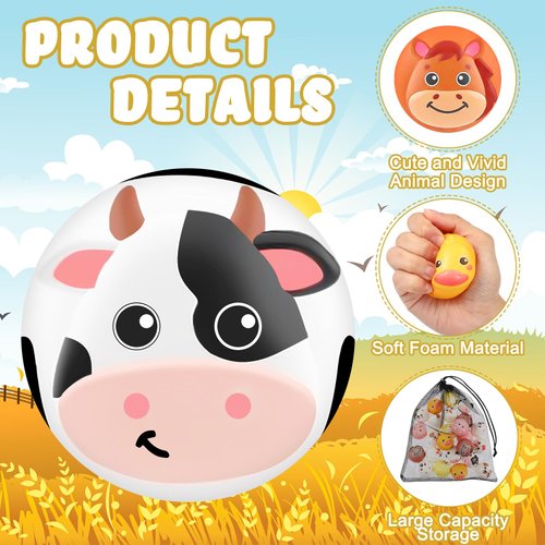 HyDren 24 Pcs Animal Stress Balls Bulk 2'' Cute Farm Animal Squeeze Ball Mini Foam Stress Ball Funny Fidget Toys with Bag for Kids Adults Animal Party Favors Birthday School Gift, 8 Styles