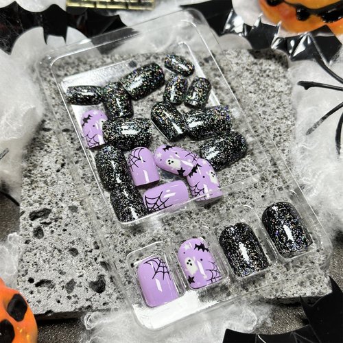 Halloween Press on Nails Short Square Fake Nails with Black Glitter Design Halloween Glue on Nails Full Cover Halloween Nails Stick on Nails for Women and Girls Halloween Nail Art Decoration 24Pcs