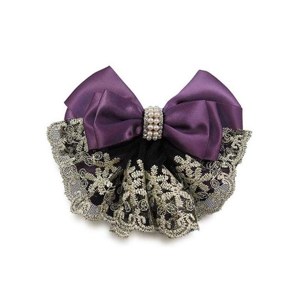 2Pcs Professional Hair Bun Cover Snood Hairnet Bowknot with Fan-shaped Lace Pearl Crystal Decoration Barrette Hair Clip Hair Accessories for Womens Nurse Stewardess (Purple)