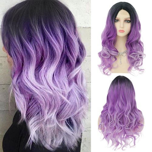 Dai Cloud Ombre Purple Wigs for Women Dark Roots Long Curly Wave Wigs Middle Part Synthetic Halloween Party Wigs
