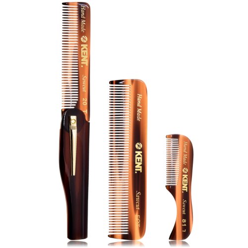 KENT Beard Comb Set, Handmade Cellulose Acetate Folding Comb Beard Kit for Men, Mustache Comb for Mens Grooming, 3 Piece Set, Unisex, Tortoiseshell