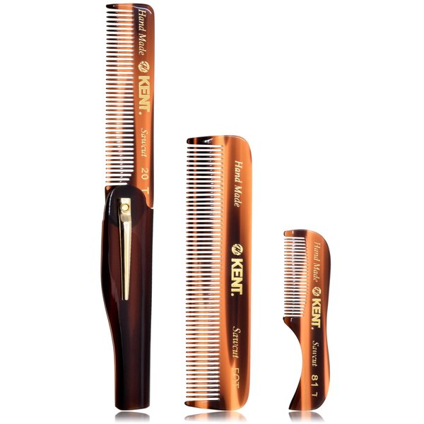 KENT Beard Comb Set, Handmade Cellulose Acetate Folding Comb Beard Kit for Men, Mustache Comb for Mens Grooming, 3 Piece Set, Unisex, Tortoiseshell