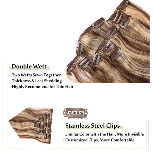 Clip in Hair Extensions, Remy Human Hair Extensions 18Inch Ombre Chocolate Brown to Caramel Blonde Highlighted Real Human Hair Clip Ins Silky Straight 2-3 Sets for Full Head 7pcs 70g