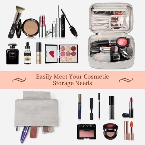 KTMOUW Makeup Bag Waterproof Cosmetic Bag Leather Makeup Travel Bag Portable Makeup Brush Bag Multifunctional Makeup Organizer Bag for Women Girls, 2-Pack, Grey