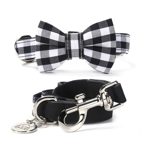 Modern Pups Black Gingham Plaid Collar with Bow Tie and Leash by United Pups (Small)