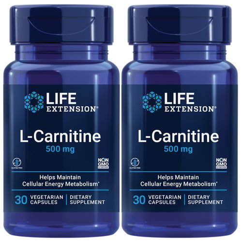 Life Extension L-Carnitine – 500 mg, Energy Supplement, Memory Supplement – Free Form Amino Acid, Nitric Oxide Support – Gluten-Free, Non-GMO, Vegetarian – Two Pack - 2 x 30 Capsules