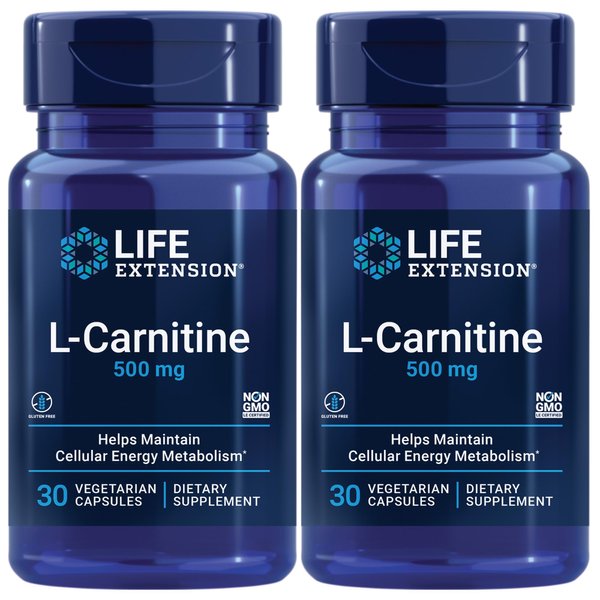 Life Extension L-Carnitine – 500 mg, Energy Supplement, Memory Supplement – Free Form Amino Acid, Nitric Oxide Support – Gluten-Free, Non-GMO, Vegetarian – Two Pack - 2 x 30 Capsules