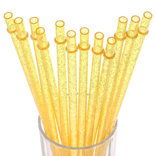 Dakoufish BPA-Free 12 Piece 11 Inch Reusable Clear Plastic Glitter Sparkle Drinking Straw Plus one Cleaning Brush (Yellow,11inch)