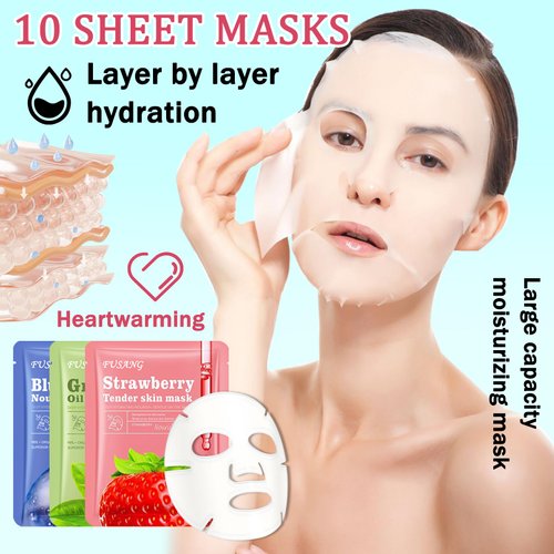 10PCS Face Sheet Mask Skin Care,Hydrating Face Sheets Masks Bulk Gift Set,Moisturizing Long-lasting Sheet Face Masks Skincare for Women,Facial Sheet Mask for All Skin Types