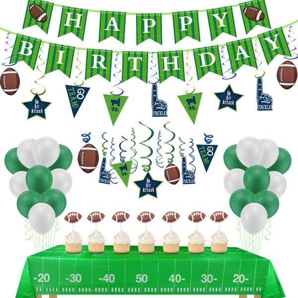 Football Birthday Party Decorations-Include Banners,2 Tablecovers(54''x72''),30Ct Hanging Swirl Decorations,24 Cupcake Toppers,20 Balloons for Football Theme Party